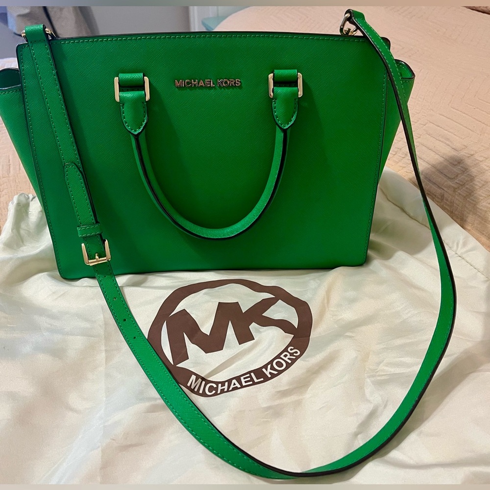 Michael Kors Green Selma Satchel with Gold Hardware